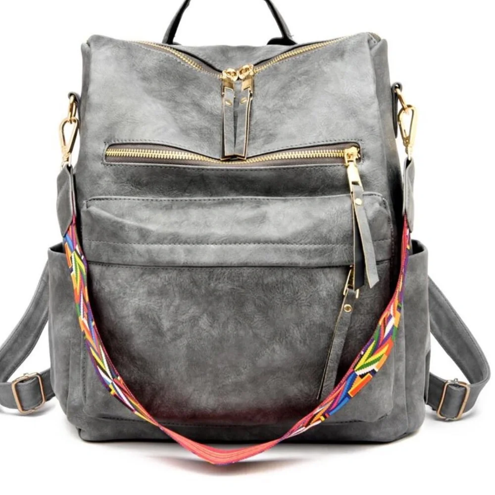 Luxe Vegan Leather Colorful Strap Backpack Shoulder bag - Picture 7 of 13